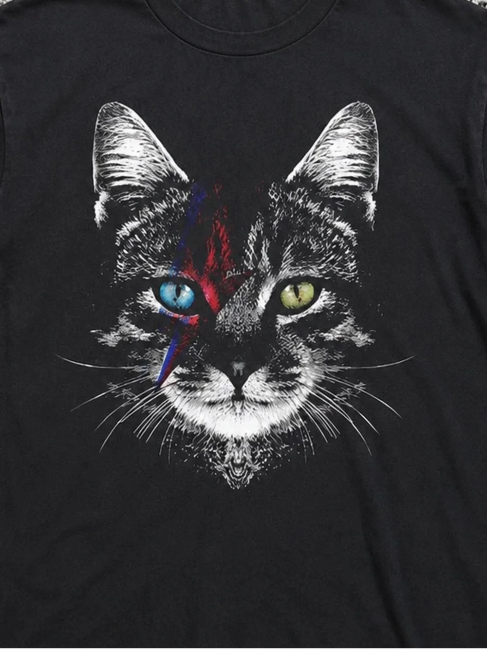 Black Cat Graphic Tee with Blue & Green Eyes Y2K Size M New